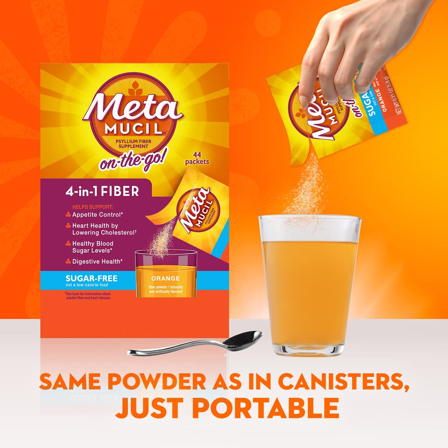 Metamucil On-The-Go, Daily Psyllium Husk Powder Supplement, Sugar-Free Powder, 4-in-1 Fiber for Digestive Health, Orange Flavored Drink, 44 Packets