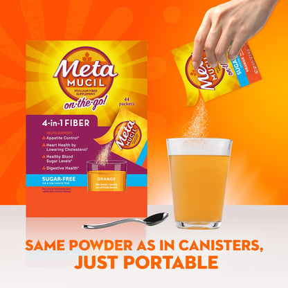 Metamucil On-The-Go, Daily Psyllium Husk Powder Supplement, Sugar-Free Powder, 4-in-1 Fiber for Digestive Health, Orange Flavored Drink, 44 Packets