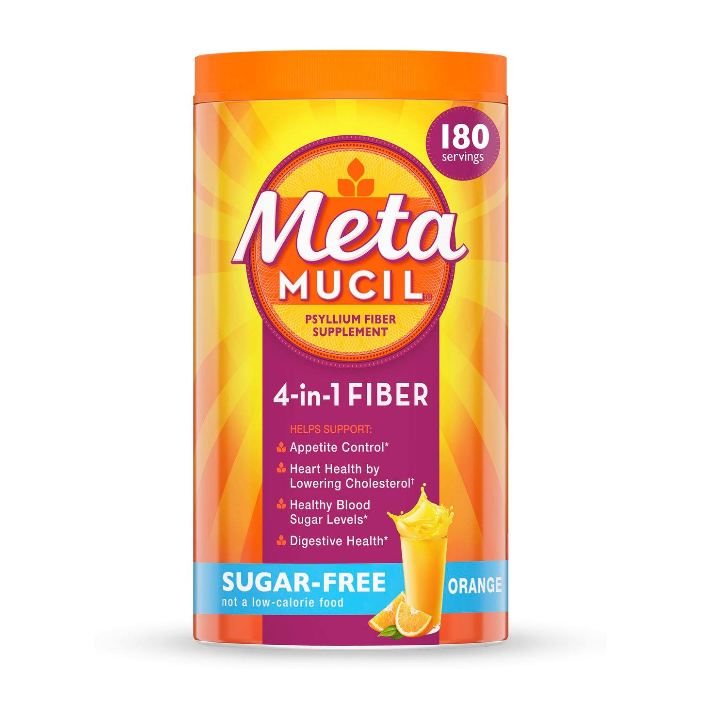 Metamucil 4-in-1 Psyllium Husk GLP-1 Friendly Fiber Supplement, Sugar-Free, 180 teaspoons, Orange Flavored, Daily Fiber Powder for Digestive Health, made with Plant-Based Psyllium Husk Fiber