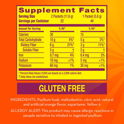 Metamucil On-The-Go, Daily Psyllium Husk Powder Supplement, Sugar-Free Powder, 4-in-1 Fiber for Digestive Health, Orange Flavored Drink, 44 Packets