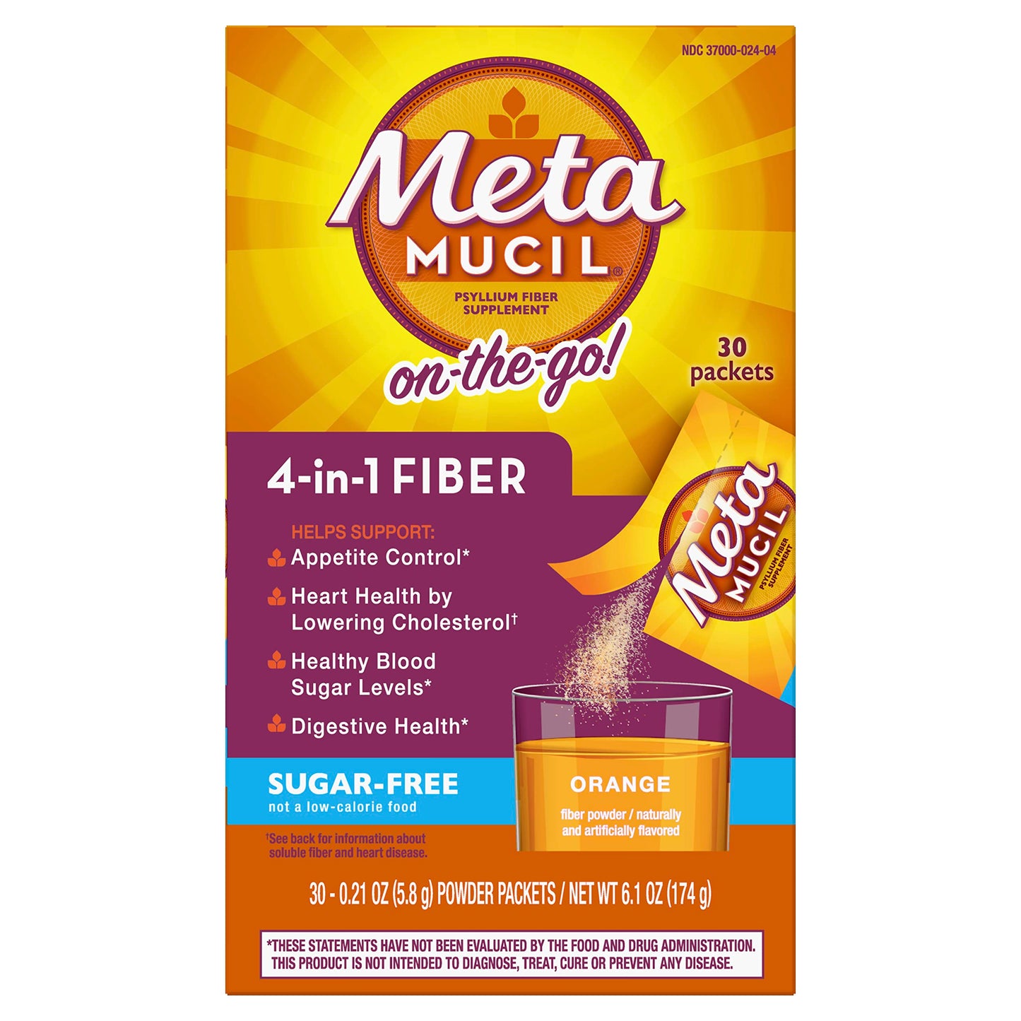 Metamucil On-The-Go, Daily Psyllium Husk Powder Supplement, Sugar-Free Powder, 4-in-1 Fiber for Digestive Health, Orange Flavored Drink, 44 Packets
