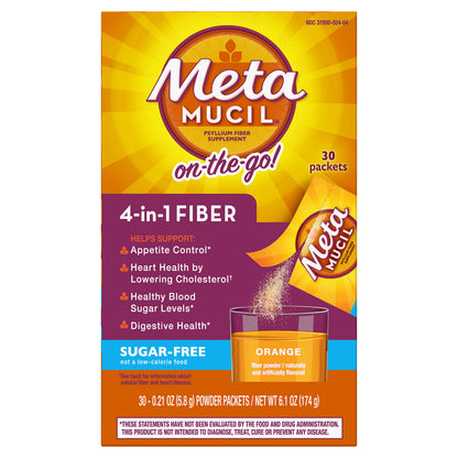 Metamucil On-The-Go, Daily Psyllium Husk Powder Supplement, Sugar-Free Powder, 4-in-1 Fiber for Digestive Health, Orange Flavored Drink, 44 Packets