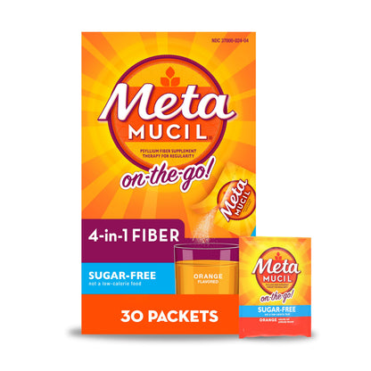 Metamucil On-The-Go, Daily Psyllium Husk Powder Supplement, Sugar-Free Powder, 4-in-1 Fiber for Digestive Health, Orange Flavored Drink, 44 Packets